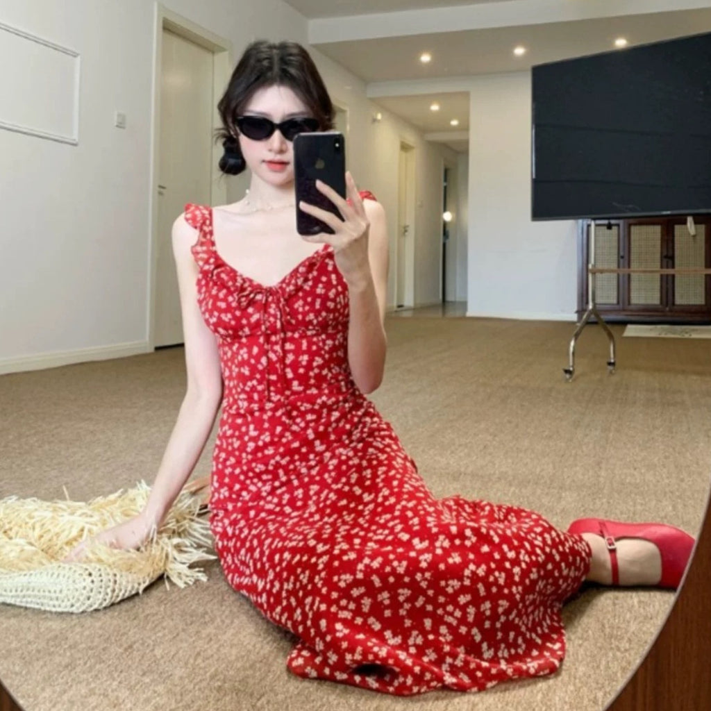 Red Floral Vintage Summer Dress