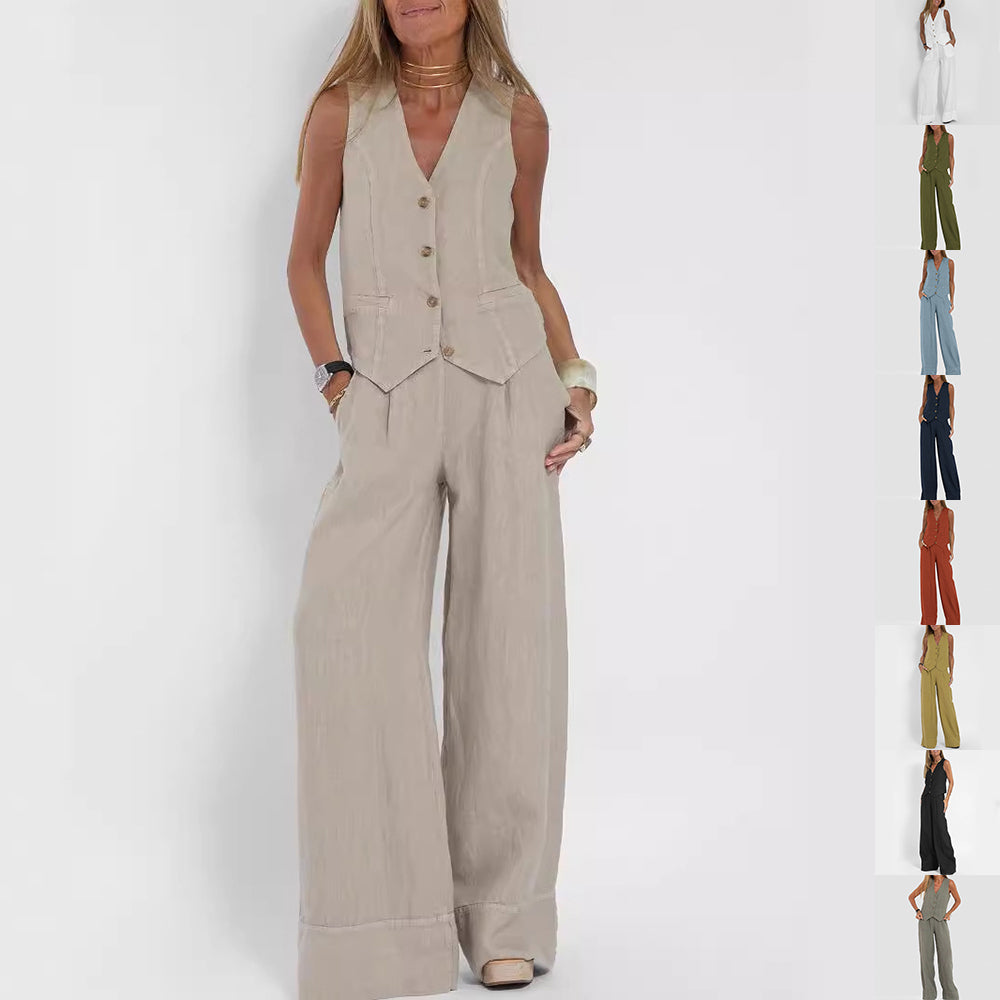 V-Neck Vest & Straight-Leg Trousers Set